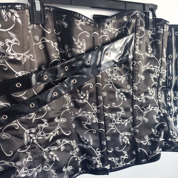 38" Black Silver Satin Underbust Wench Corset Tapestry Floral Embroidery Lace-Up - Picture 7 of 11